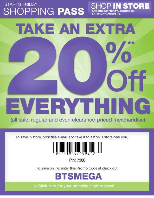 Extra 20% off at Kohls In Store and Online Freebies2Deals