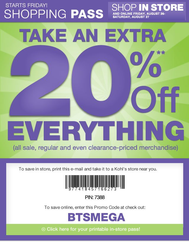 Extra 20% off at Kohls In-Store and Online! - Freebies2Deals