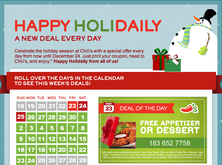New Chili's Deals/Coupons Each Day till Christmas! Freebies2Deals