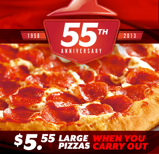 Pizza Hut 55th Anniversary 5 55 1 Topping Large Pizzas Freebies2deals