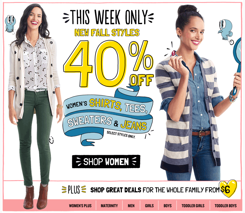 Old Navy is taking 40% off Women’s Fall Faves + up to 60% online for everyo...