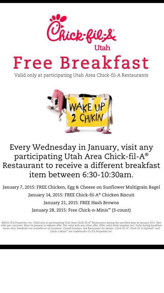 Utah Readers FREE ChickfilA Breakfast Every Wednesday in January