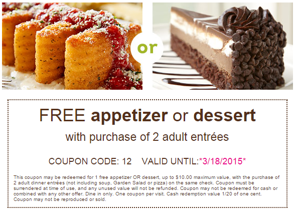 Free Appetizer Or Dessert At Olive Garden With Two Adult Entrees