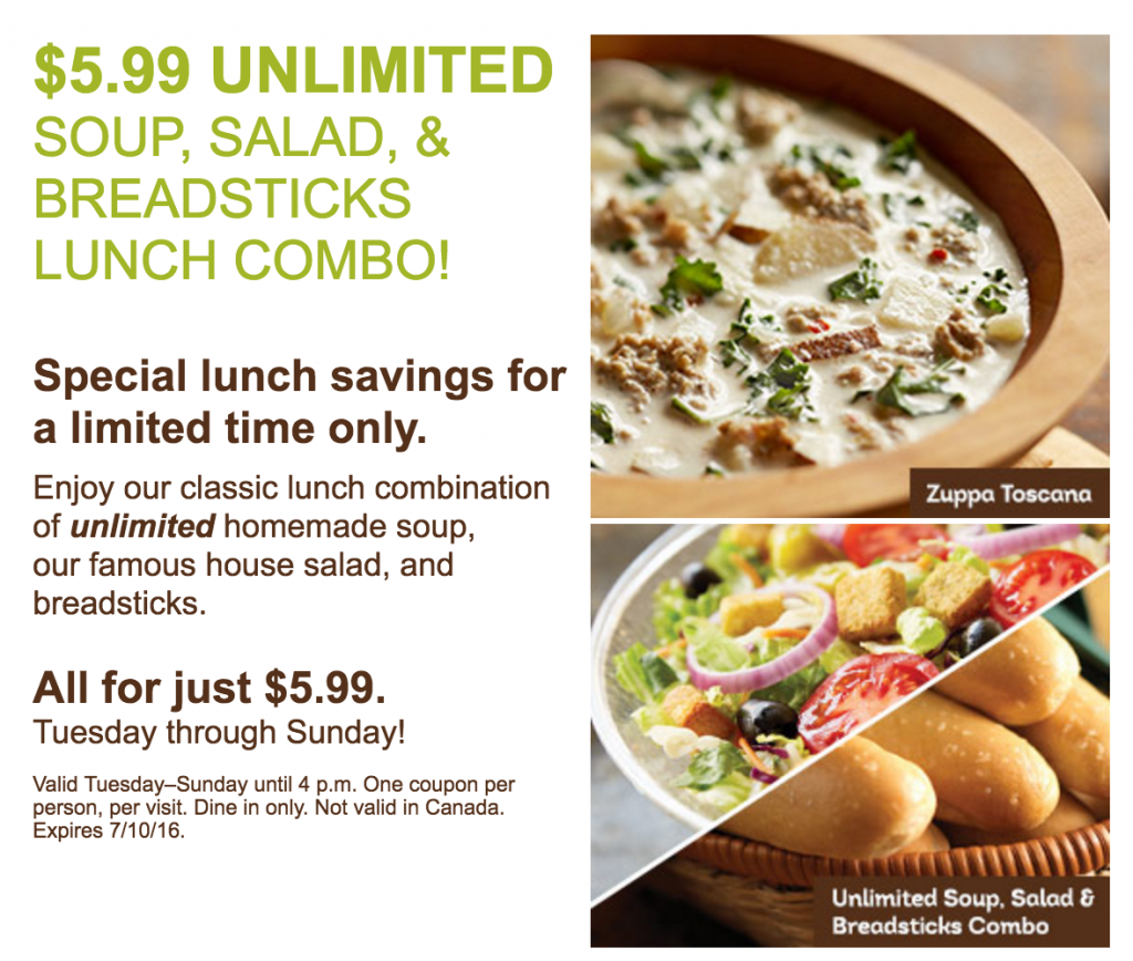 Olive Garden Unlimited Soup Salad Breadsticks Lunch Combo