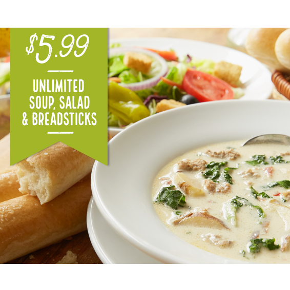 Olive Garden Unlimited Soup, Salad, & Breadsticks Lunch Combo Just 5.