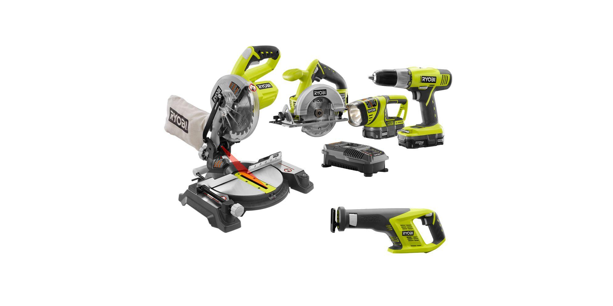 Ryobi ONE+ 18-Volt Lithium-Ion Cordless 5-tool Combo Kit with Miter Saw .