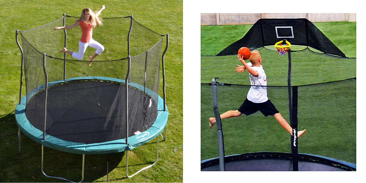 trampoline with a basketball hoop