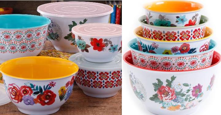 Mixing Bowl Set Country Garden Nesting Chip Resistant Melamine With Lid 10-Piece 